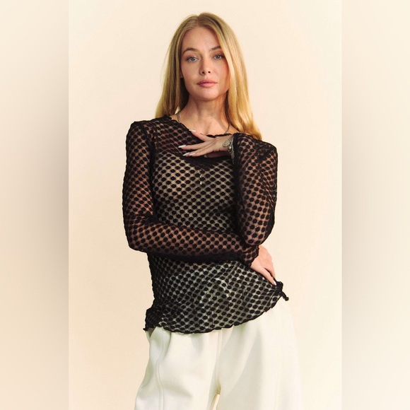 🟠 121B. Dotted Lace Mesh Long Sleeve - Black - Picture 6 of 12